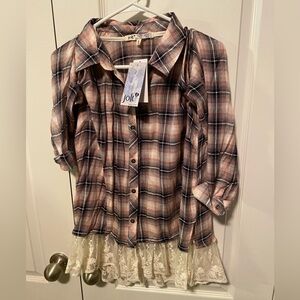 NWT Jolt Junior Pink Black Plaid Button Down Shirt With Lace Sz XL Bare Shoulder